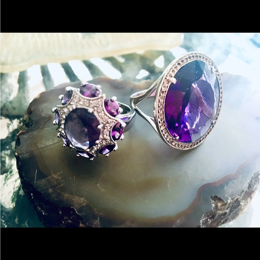 Vintage Pair  Silver 925 Amethyst & Clear Topaz Cocktail Ring both SZ 10 - Picture 6 of 14